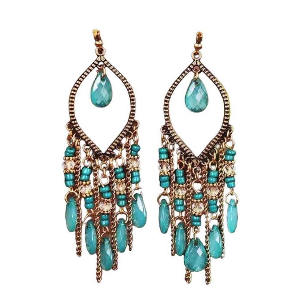 Boho Dangle Earrings with Blue Beads Gold Tone